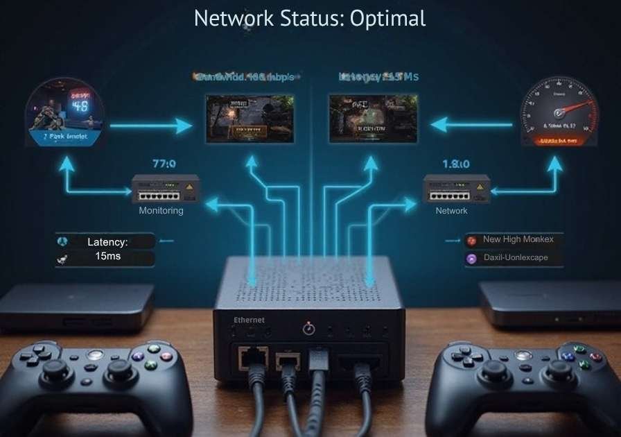 A realistic image showing a mini PC connected to ethernet cables, network switches, and bandwidth monitoring displays. Visual elements include data flow indicators, connection speed meters, and network topology diagrams. Gaming controllers and streaming devices are visible nearby, demonstrating optimal network setup for game streaming performance.