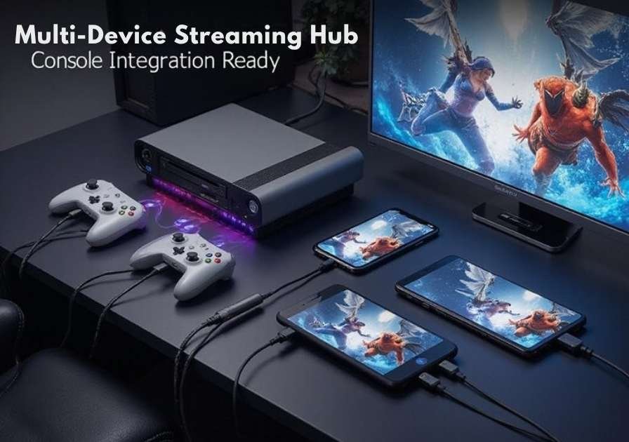 A realistic image showing a modern mini PC setup with multiple gaming consoles connected via HDMI cables, displaying synchronized gameplay streams across a smartphone, tablet, and smart TV. Gaming controllers and streaming devices are arranged on a sleek desk setup with RGB lighting accents.