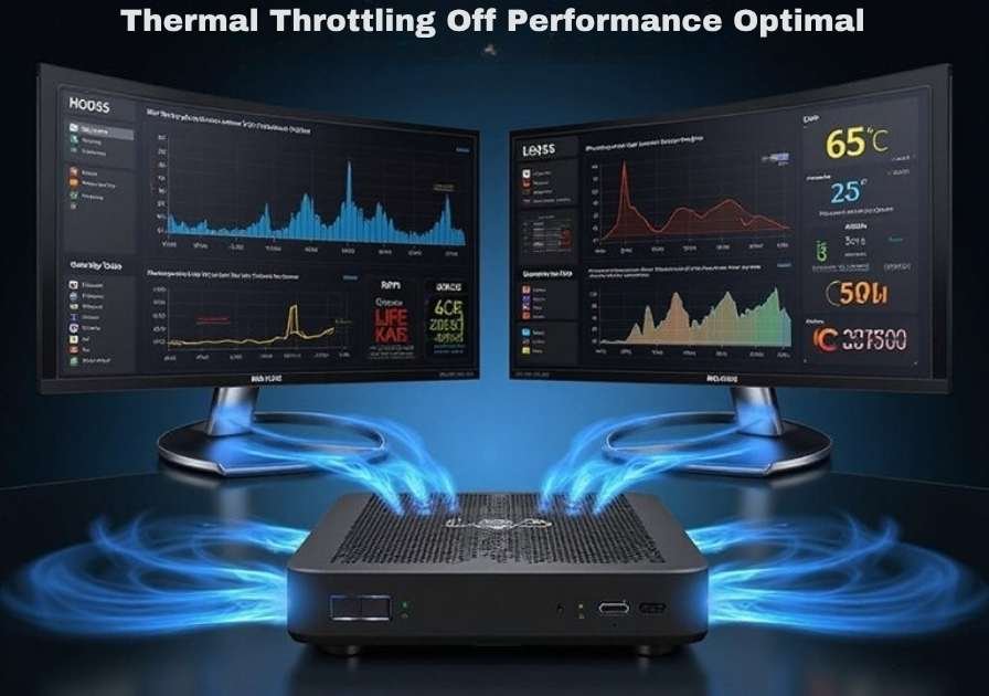 A realistic image of a sleek mini PC with visible cooling vents and LED temperature indicators, connected to gaming monitors displaying performance graphs and thermal readings. Heat visualization overlays show airflow patterns around the compact device. Multiple temperature sensors and fan speed monitors are visible on screen dashboards.
