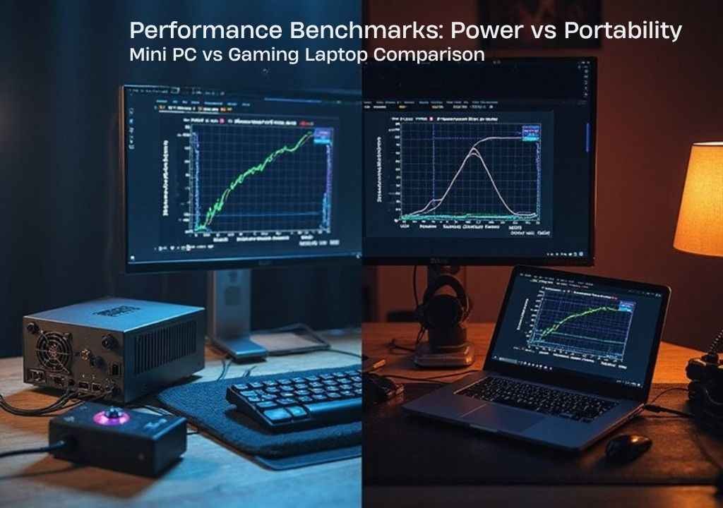 A realistic image showing a split-screen comparison of a compact mini PC on a desk versus a gaming laptop on a portable setup, with performance charts and power consumption graphs displayed on monitors. The scene depicts a modern workspace with cables, cooling systems, and measurement equipment highlighting the power versus portability trade-off in computing devices.