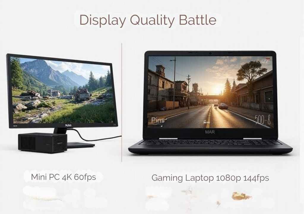 A realistic image showing a split-screen comparison of gaming setups: left side displays a compact mini PC connected to a high-resolution monitor showing crisp 4K gameplay, right side shows a gaming laptop with its built-in display running the same game at high frame rates. Both screens show gaming performance metrics and visual quality differences in a modern gaming environment.