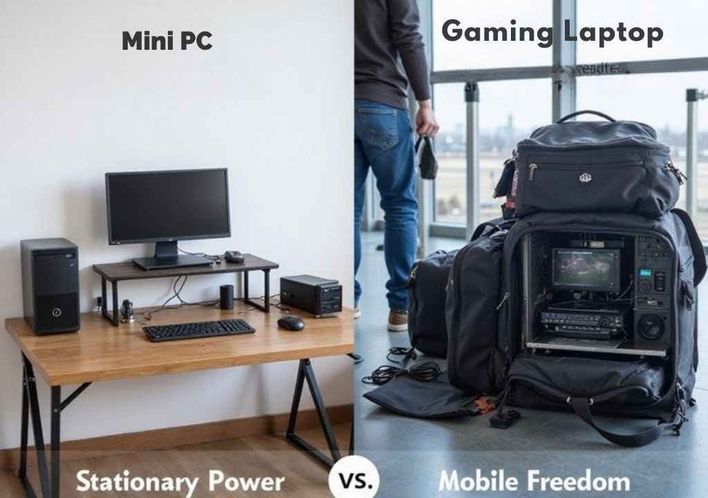 A realistic image showing a split-screen comparison of two tech setups: left side displays a minimalist desk with a compact mini PC, wireless peripherals, and clean cable management in a permanent home office; right side shows a gaming laptop with accessories packed in a travel bag at an airport gate, emphasizing portability versus stationary convenience.