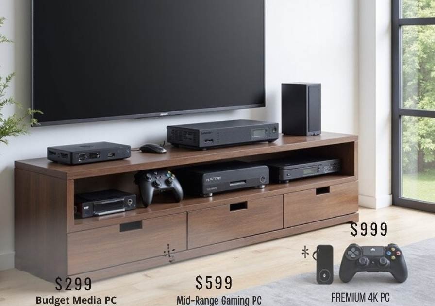 :A realistic image showcasing multiple compact PC units of varying sizes and price points arranged on a modern entertainment center alongside a large TV screen, gaming controllers, and streaming devices. The setup demonstrates different budget options from basic media streaming boxes to high-end gaming mini PCs in a contemporary living room setting. 
