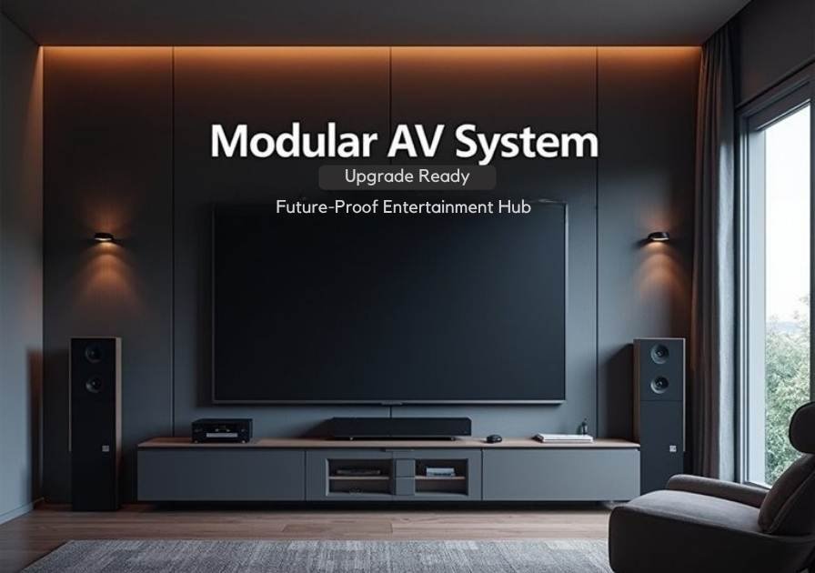 A realistic image of a modern home theater room showcasing modular, upgradeable technology components. Features sleek wall-mounted displays, modular sound systems with visible connection ports, stackable media devices, and clean cable management systems. The setup demonstrates expandable audio/visual equipment with contemporary design aesthetics and ambient lighting highlighting the sophisticated entertainment space.