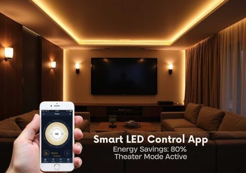 A realistic image of a modern home theater room featuring energy-efficient LED strip lighting along the ceiling perimeter and behind a wall-mounted TV, creating ambient backlighting. Smart LED bulbs in sleek fixtures provide adjustable warm lighting. A smartphone displays a lighting control app. The room showcases comfortable seating and demonstrates long-term energy savings through innovative LED technology.