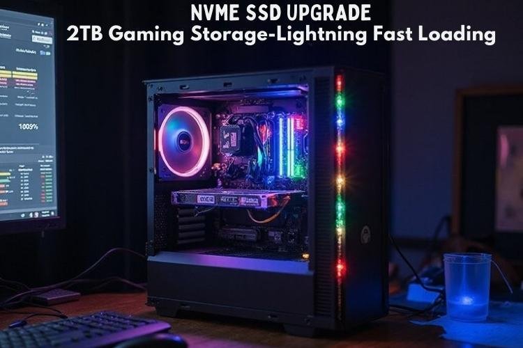 A realistic image of a mini PC with its case open displaying high-speed NVMe SSD storage modules being installed. Show glowing RGB lighting effects around the storage components, multiple SSDs in RAID configuration, and ultimate gaming performance charts on a nearby monitor. Include cable management and heat dissipation elements for optimal gaming performance.