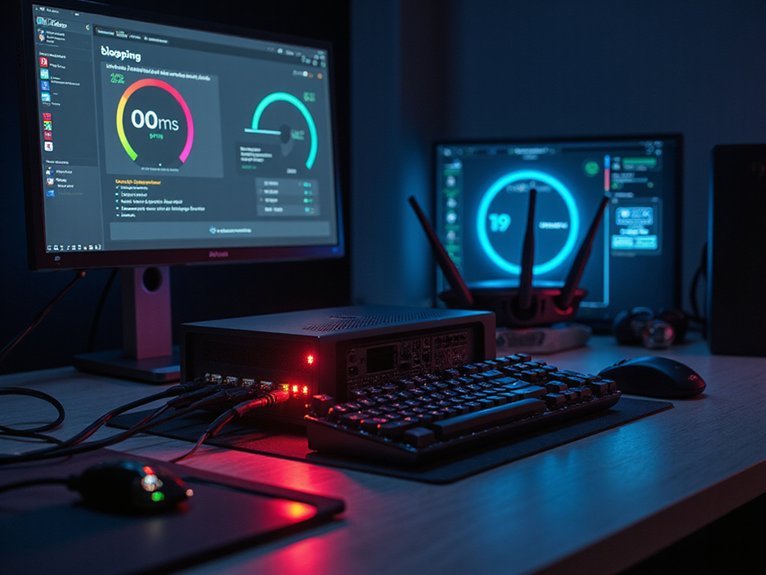 A realistic image of a compact mini PC with glowing LED indicators connected to multiple ethernet cables and a high-end gaming router. The setup shows network optimization tools on a monitor displaying ping rates and bandwidth meters. Gaming peripherals surround the workspace including a mechanical keyboard and gaming mouse on a sleek desk setup.