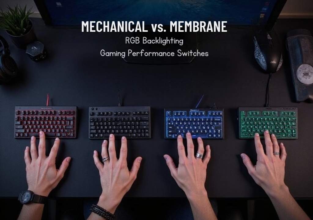 A realistic image showing a gamer's desk setup with multiple gaming keyboards displayed side by side, each with different switch types and RGB lighting configurations. A person's hands hover over the keyboards, comparing key feel and responsiveness. Gaming monitor, headset, and mouse visible in background creating complete battlestation atmosphere.