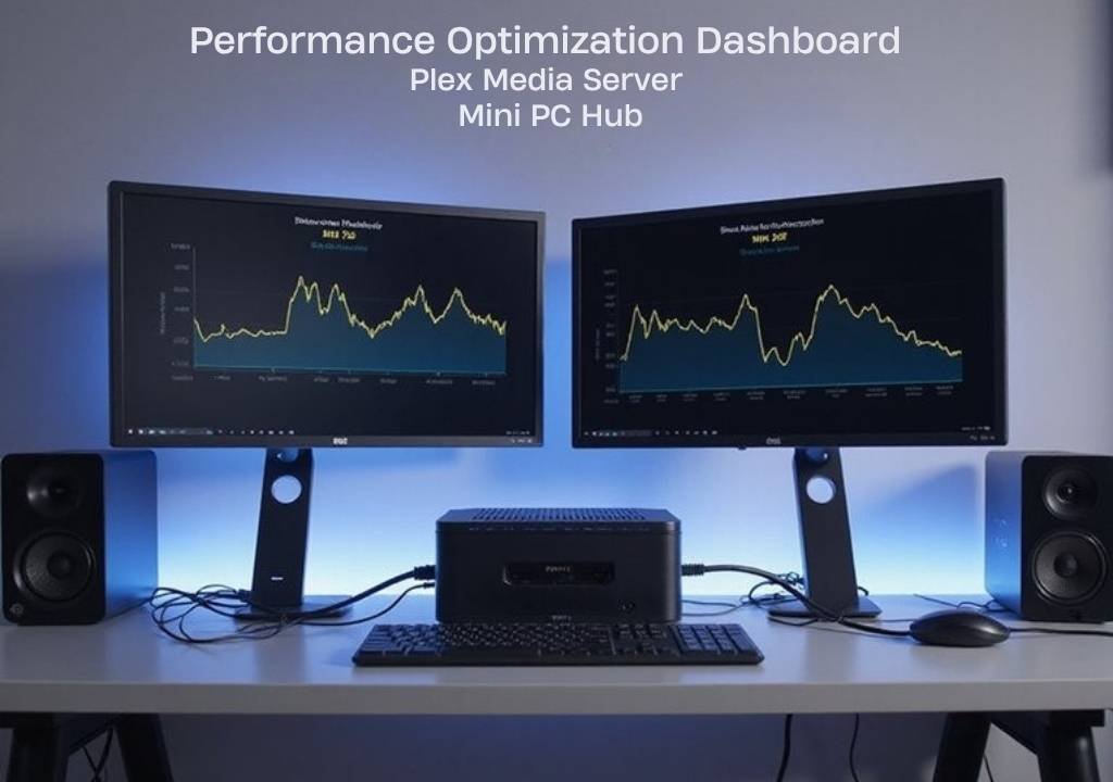 :A realistic image of a sleek mini PC setup on a modern desk with multiple monitors displaying smooth streaming content, network cables, and performance monitoring graphs showing optimized bandwidth usage. The workspace features a clean, tech-savvy environment with soft lighting highlighting the compact streaming hub efficiently running Plex media server. 