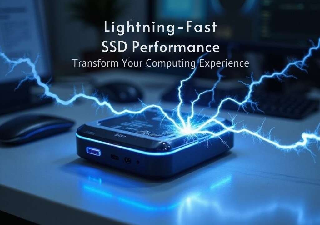 A realistic image of a sleek, modern mini PC with glowing blue LED accents sitting on a minimalist desk, surrounded by dynamic lightning bolts and speed trails emanating from an exposed SSD drive. The scene captures motion blur effects and electrical energy visualizing ultra-fast data transfer, with a futuristic workspace background.