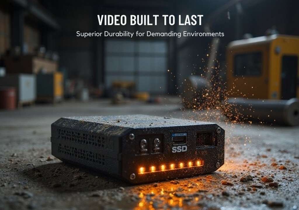 A realistic image of a rugged SSD-powered mini PC with an exposed SSD drive in an industrial setting, surrounded by dust, moisture, and extreme temperature indicators. The compact computer glows with power LEDs while withstanding harsh environmental conditions, showcasing advanced solid-state durability and reliability in demanding commercial applications