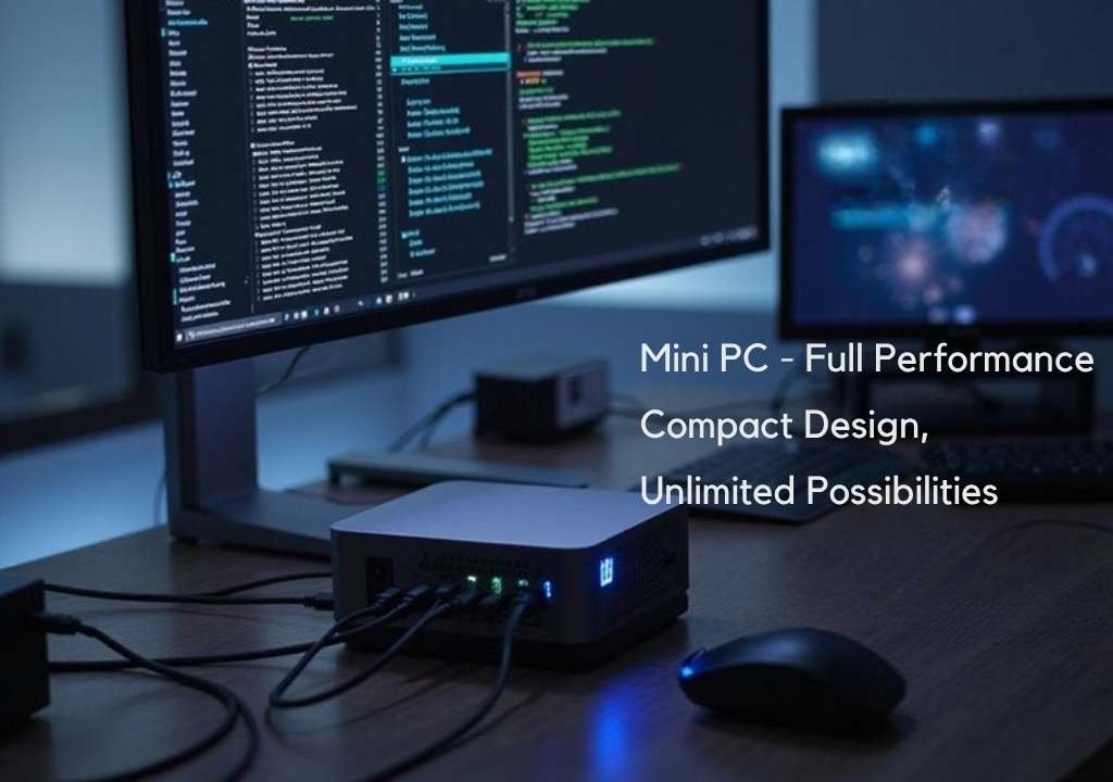 A realistic image of a sleek, ultra-compact mini PC sitting on a modern desk, displaying multiple high-performance applications running simultaneously on a large 4K monitor. The mini PC glows with subtle LED indicators showing active processing power. Cables connect to various peripherals, demonstrating full desktop functionality in a tiny form factor. Professional lighting emphasizes the device's premium build quality.