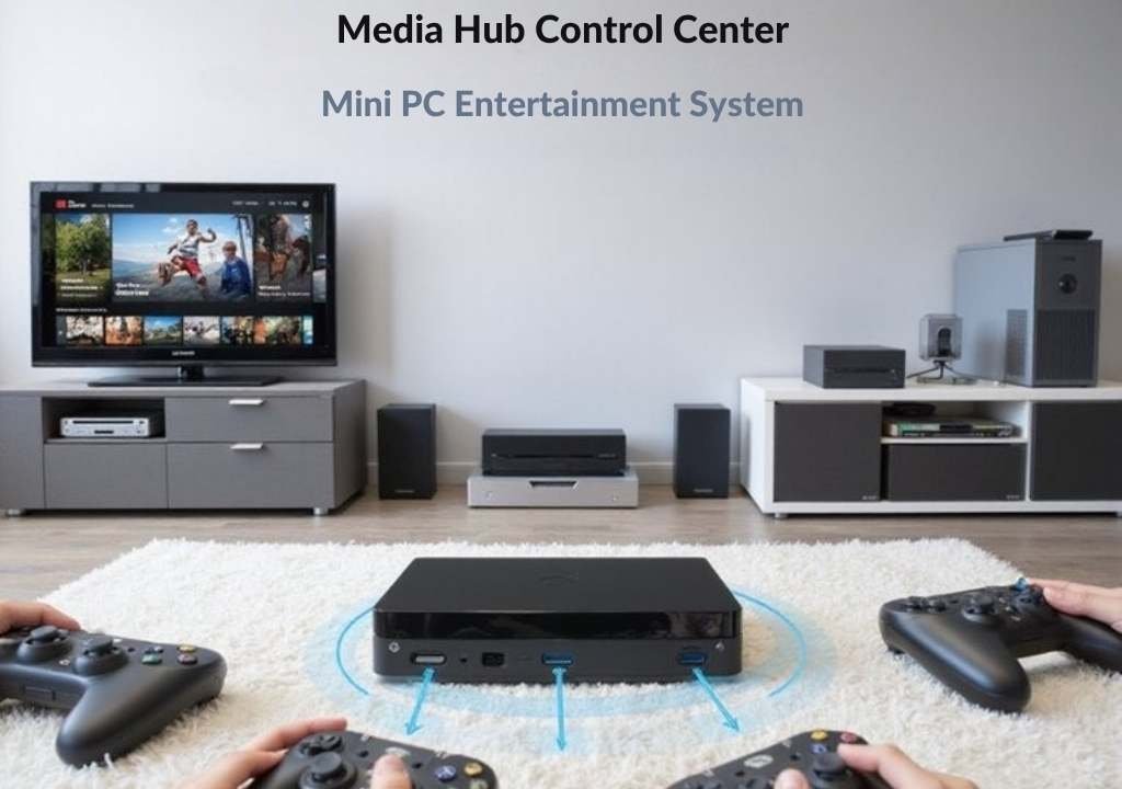A realistic image showing a sleek mini PC connected to multiple entertainment devices including a smart TV, gaming console, and audio system in a modern media room. The setup demonstrates centralized media management with streaming content, digital libraries, and gaming platforms all controlled through the compact computer hub. 