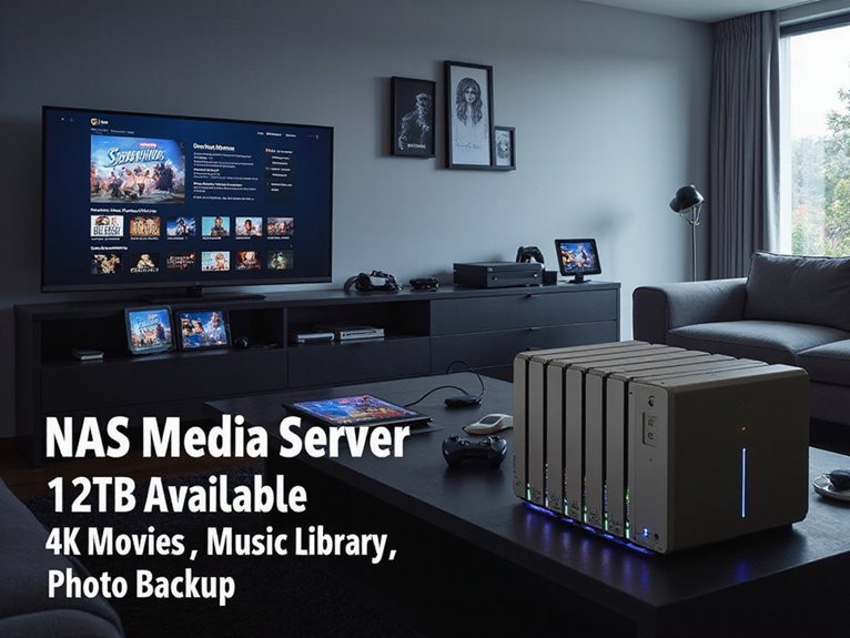 A realistic image of a modern home entertainment setup featuring a sleek Network Attached Storage (NAS) device with multiple drive bays glowing with LED indicators, connected to a large 4K TV displaying a media library interface, surrounded by gaming consoles, streaming devices, and tablets showing synchronized content, all in a contemporary living room setting.
