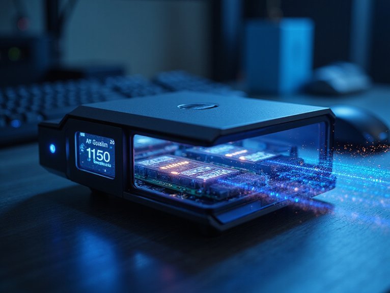 A realistic image showing a sleek mini PC with glowing NVME SSD components visible through a transparent side panel, with dynamic light trails and speed lines emanating from the drive, symbolizing data transfer at breakthrough velocities. The compact computer sits on a modern desk with futuristic blue lighting effects surrounding it.
