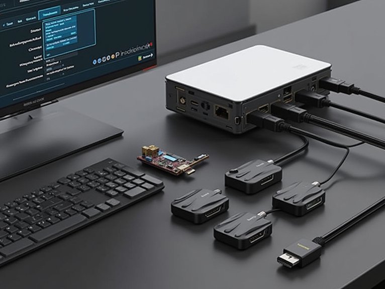 A realistic image showing a mini PC setup with multiple capture cards displayed on a desk. Various capture card models are arranged nearby, including USB and PCIe types with different input ports (HDMI, DisplayPort). Cables connect gaming devices to the capture cards, with a monitor displaying streaming software interface and device recognition settings.