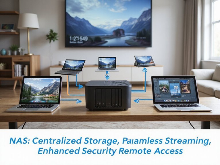 A realistic image showing a modern home office setup with a sleek NAS device prominently displayed on a desk, connected to multiple devices including laptops, tablets, and smart TVs throughout a contemporary home. The scene demonstrates centralized data storage, file sharing, and media streaming capabilities with visible network connections and digital content flowing between devices. 