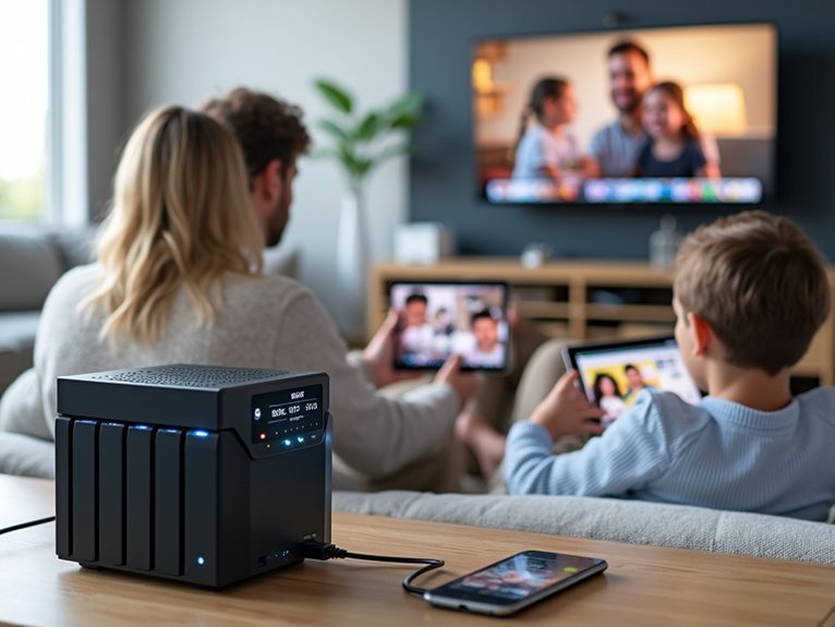 A realistic image of a modern setup of home entertainment with a NAS device connected to multiple devices including smart TV, laptop, tablet, and smartphone via ethernet cables and WiFi signals. The NAS unit has blinking LED indicators showing active data transfer. Family members access shared media content simultaneously on different screens throughout a contemporary living room.