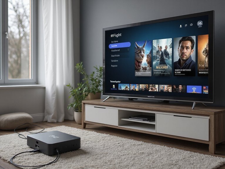 A realistic image showing a compact mini PC connected to a large 4K TV displaying the Plex media server interface with movie thumbnails and streaming content. The setup demonstrates efficient home entertainment with cables, wireless connectivity indicators, and a clean modern living room environment showcasing seamless media streaming capabilities.