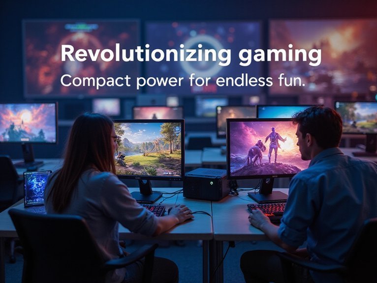 A realistic image showcasing compact gaming setups featuring mini PCs, advanced cooling systems, and immersive gaming experiences ideal for long sessions. The backdrop reveals vibrant gaming graphics and users deeply engaged.