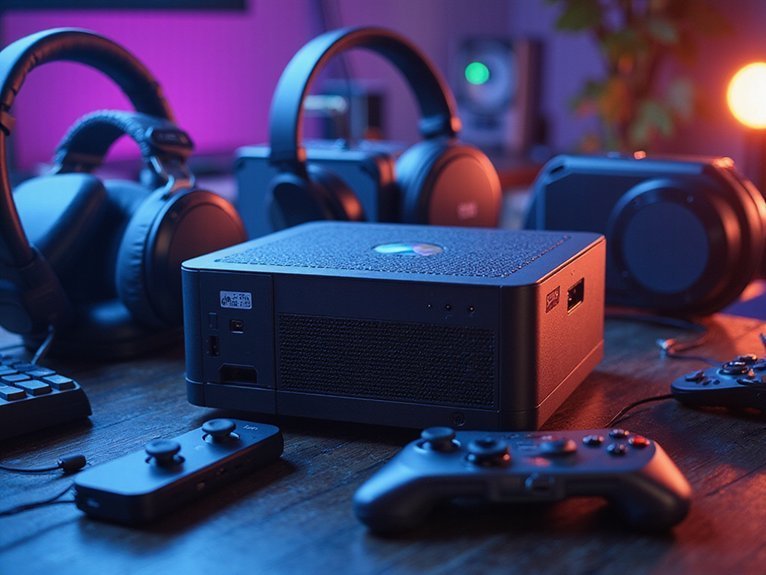 A realistic image showcasing top mini PCs designed for extended gaming sessions, surrounded by gaming accessories like headsets and controllers. Highlight their compact design and cooling features.