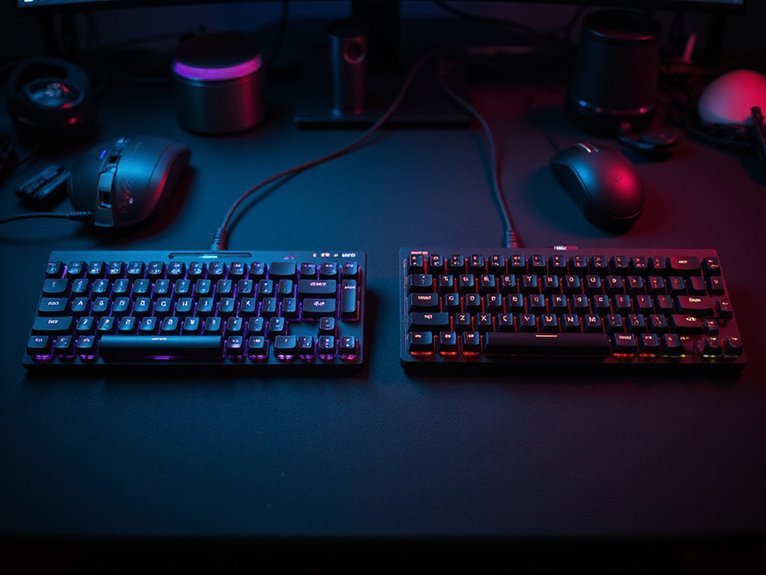 A realistic image showcasing two gaming keyboards side by side on a modern gaming desk setup - a compact 60% mechanical keyboard on the left and a full-size gaming keyboard with number pad on the right. Subtle RGB lighting illuminates both keyboards against a dark background with gaming accessories visible.