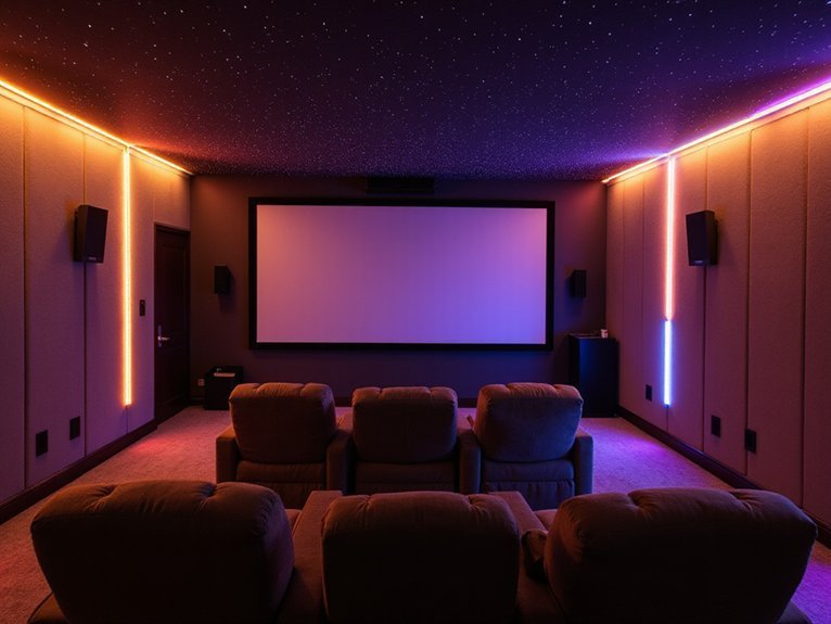 A realistic image of a luxurious home theater with dynamic smart lighting creating an immersive cinematic environment. Warm ambient LED strips line the walls, ceiling has starfield effect lighting, and color-changing bias lighting glows behind a large screen. Plush reclining seats are positioned perfectly. Advanced lighting control panels are visible on side tables.