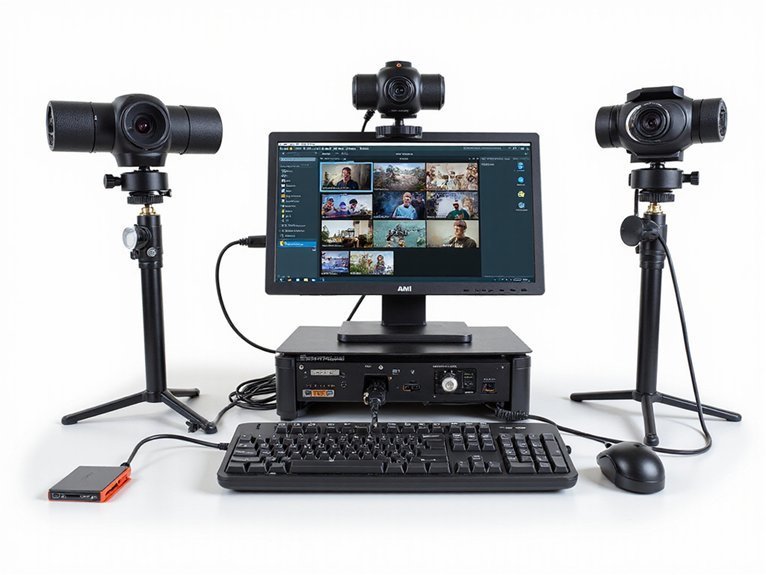 A realistic image of a professional mini PC streaming setup featuring multiple cameras positioned at different angles around a compact gaming station. Show overhead camera, face cam, and keyboard cam with visible mounting arms. Include streaming software interface on monitor displaying multi-camera feeds, capture cards, and cable management solutions for advanced content creation.