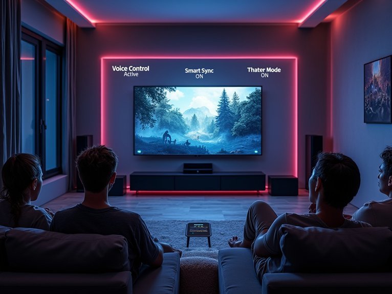 A realistic image showcasing a modern home theater with smart lighting synchronized to the screen content, voice-controlled ambient lighting strips behind the TV, automated dimming during movie scenes, and smart speakers integrated seamlessly into the room design. Multiple connected devices display unified control interfaces while viewers enjoy an immersive cinematic experience with adaptive lighting technology.