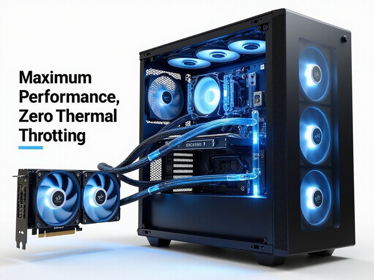 A realistic image of a modern computer cooling system featuring liquid cooling tubes, high-performance heat sinks, and cooling fans with glowing blue LED accents. The setup shows advanced thermal management components arranged around a CPU and GPU in a sleek gaming PC case with visible airflow patterns.