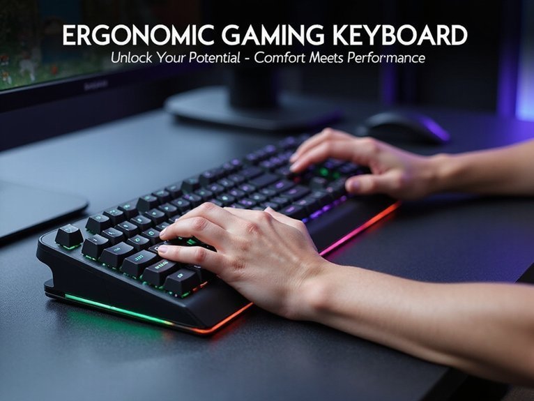 A realistic image showcasing an ergonomic gaming keyboard with curved key layout, cushioned wrist rest, and adjustable height settings. The keyboard features RGB backlighting and is positioned on a clean gaming desk setup. A gamer's hands are naturally positioned on the keys, demonstrating proper ergonomic posture and comfort during extended gaming sessions.