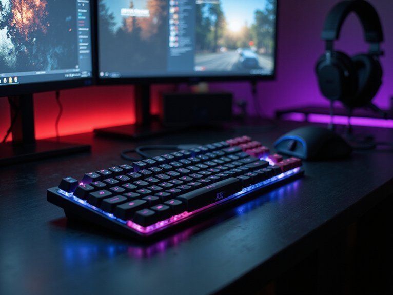 A realistic image of a high-end mechanical gaming keyboard on a dark gaming desk setup. The keyboard features RGB backlighting with customizable key switches visible. Gaming peripherals like a mouse and headset are nearby. Multiple monitors display gaming interfaces in the background. Professional studio lighting highlights the keyboard's premium build quality and tactile switches.