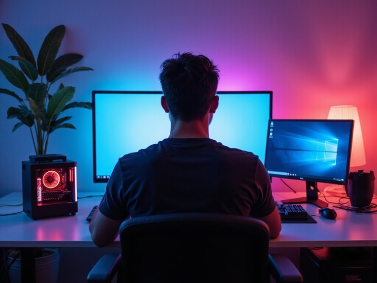 A realistic image showing a person sitting at a modern desk contemplating between a compact mini PC setup on one side and a sleek gaming laptop on the other side. The scene includes gaming peripherals, RGB lighting, and a thoughtful expression as they weigh their options for the perfect gaming solution.