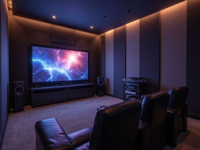 A realistic image of a premium home theater room showcasing essential components: large 4K OLED screen displaying vivid content, surround sound speakers strategically positioned, plush leather recliners, ambient LED lighting, and high-end audio equipment rack. Modern minimalist design with dark walls and acoustic panels for maximum visual and audio impact. 