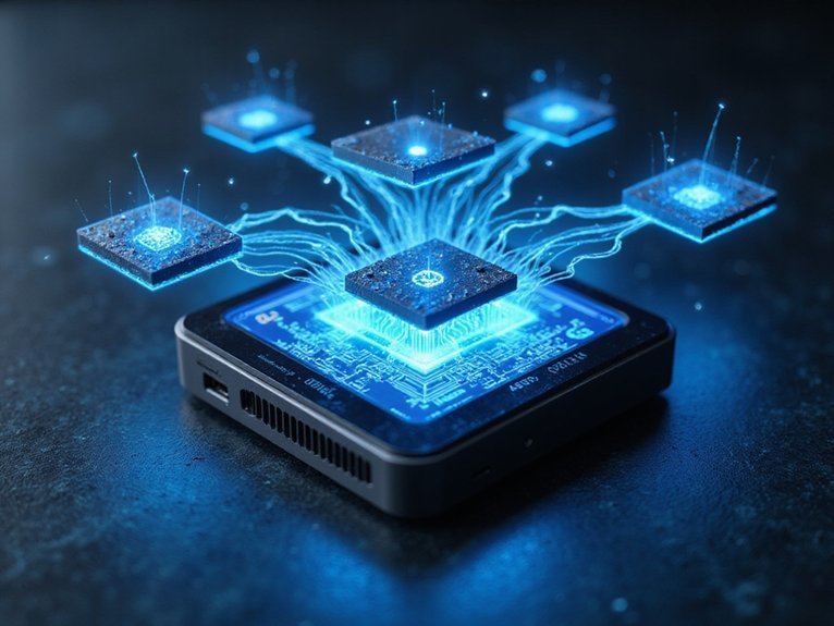 A realistic image showcasing cutting-edge SSD technology components surrounding a sleek mini PC, with holographic displays showing data transfer speeds, quantum storage crystals, and futuristic circuit patterns. Advanced storage modules float above the device, emitting blue energy streams that represent next-generation data flow and processing capabilities.