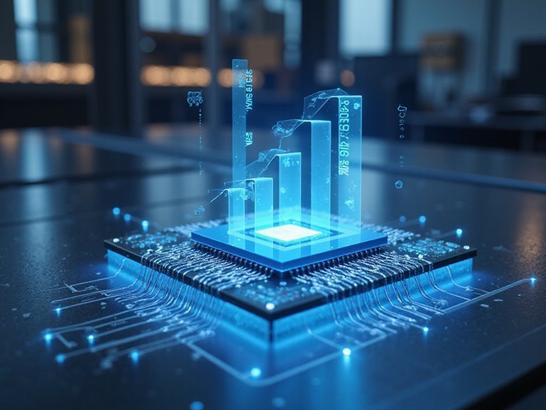 A realistic image of a futuristic computer processor with advanced cooling technology, featuring translucent heat-dissipating fins, quantum cooling chambers, and glowing blue thermal pathways. The chip displays holographic performance metrics floating above it in a clean, high-tech laboratory environment with ambient lighting and sleek surfaces.
