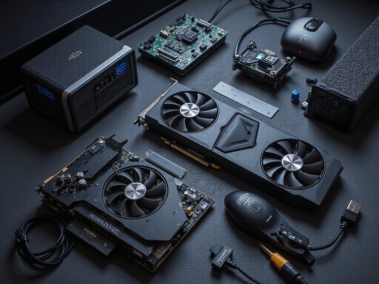 A realistic image depicting essential hardware components for marathon gaming focused on long sessions using mini PCs. Showcase high-performance graphics cards, cooling systems, and ergonomic peripherals.