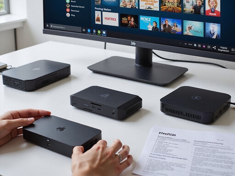 A realistic image of a modern workspace showing multiple mini PCs of different sizes and specifications arranged on a clean desk, with a large monitor displaying the Plex interface streaming movies and TV shows. A person's hands are positioned as if comparing the devices, with tech specification sheets and cables nearby.