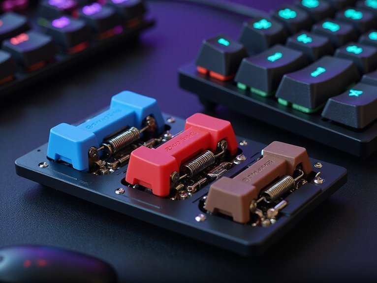 A realistic image showing a close-up cutaway view of different mechanical keyboard switches (Cherry MX Blue, Red, and Brown) with their internal components visible, alongside a gaming keyboard with switches exposed. Each switch type displays distinct spring mechanisms and actuation points. Gaming peripherals and RGB lighting create an atmospheric tech environment.