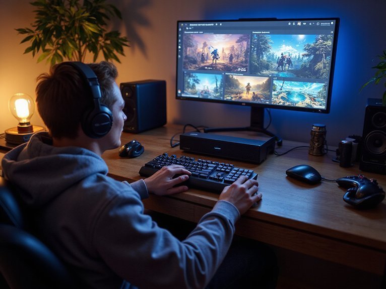 A realistic image of a mini PC set up in a cozy gaming environment, showcasing a player engaged in long gaming sessions. The screen displays various immersive games that test performance and endurance, surrounded by gaming accessories.