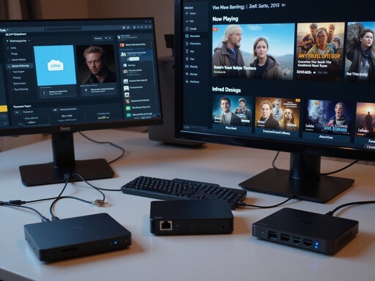 A realistic image of three sleek mini PC devices arranged on a modern desk setup, each connected to monitors displaying Plex media server interfaces with movie libraries and streaming content. The mini PCs show different popular models with LED indicators glowing, ethernet cables connected, and media streaming dashboards visible on screens showing high-quality video playback.