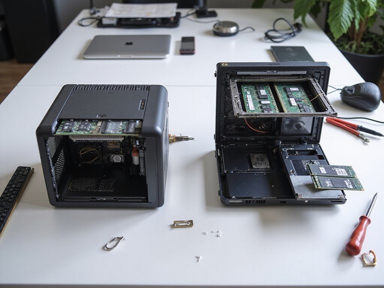 A realistic image showing a split-screen comparison of a sleek mini PC and gaming laptop on a modern desk, with visible upgrade components like RAM sticks, SSDs, and tools scattered around. One side shows easy access panels open, the other displays limited upgrade options. Clean lighting emphasizes the tech contrast.