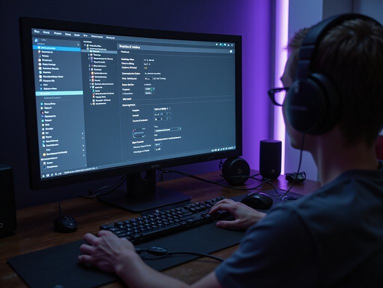 A realistic image of a mini PC setup for game streaming showing an open OBS Studio interface on a monitor. The screen displays encoder settings with bitrate configurations, resolution options, and streaming parameters. Gaming peripherals and cables are visible on the desk. The scene shows a professional streaming workspace with proper lighting.