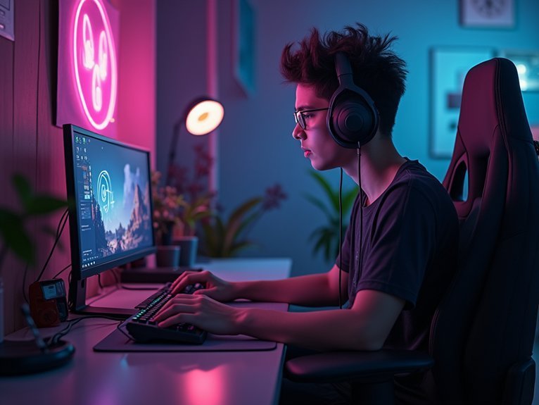 A realistic image depicting a gamer focused on a mini PC setup during a long gaming session. Showcase an energizing environment with snacks, hydration, and ergonomics in mind.