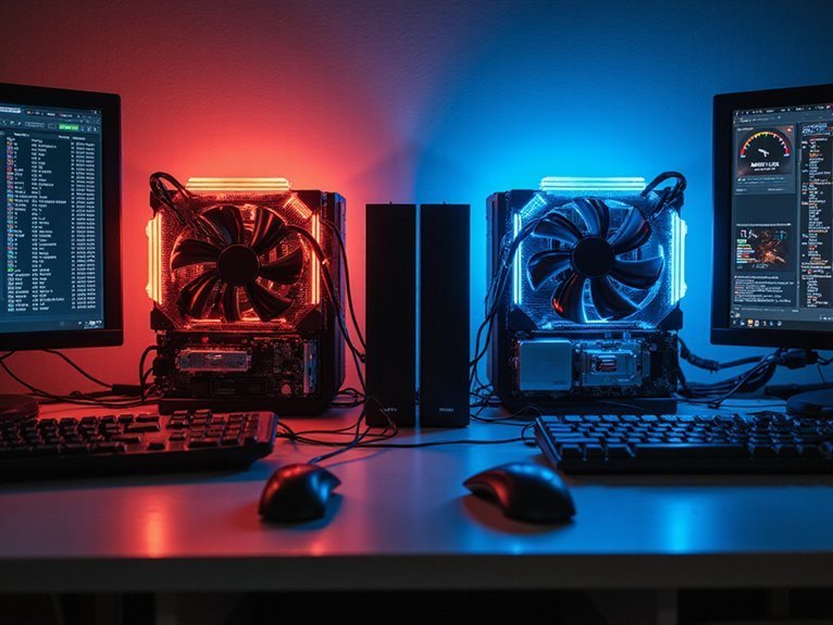 A realistic image showing two identical computer setups side by side - one with stock cooling configuration showing red heat indicators and performance meters at moderate levels, the other with advanced cooling solutions displaying blue temperature readings and significantly higher performance metrics on monitors.