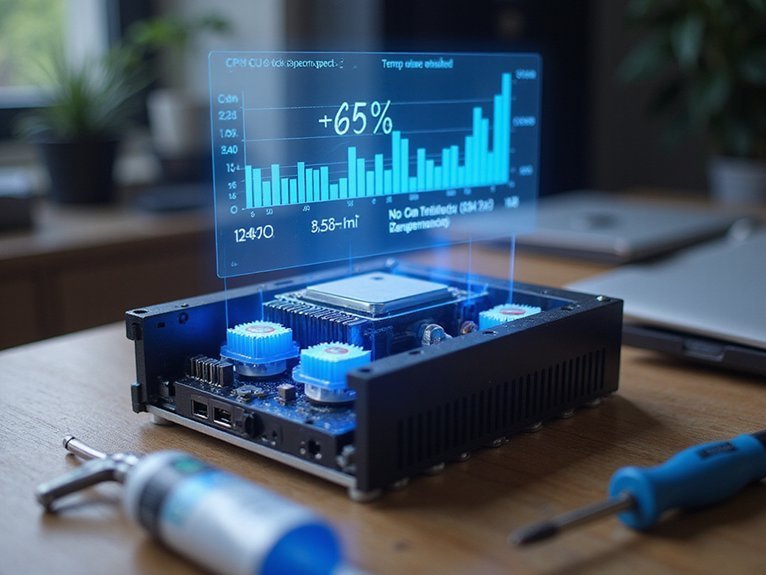 A realistic image of a compact mini PC with its case open, revealing internal components with glowing blue cooling elements and heat sinks. Digital performance graphs and temperature readings float holographically above the device. A screwdriver and thermal paste tube rest nearby on a clean workspace.