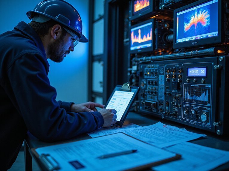 A realistic image showing a professional technician in safety gear examining high-performance electronic equipment with thermal imaging tools, surrounded by warranty documentation and risk assessment charts. Cool blue lighting emphasizes heat-free operation while warning labels and performance metrics are visible on screens and clipboards. 