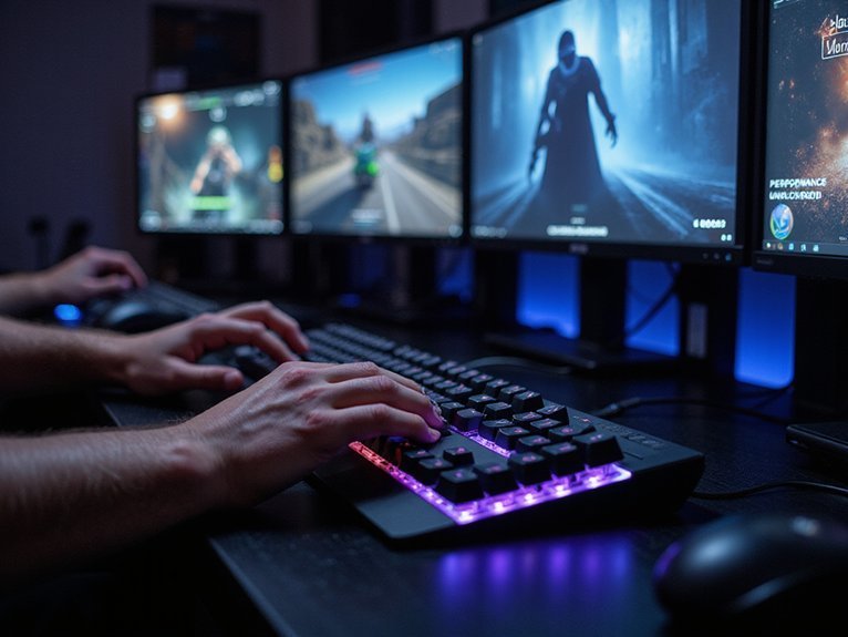 A realistic image showcasing a professional gamer's hands positioned on a high-performance mechanical gaming keyboard with RGB backlighting, surrounded by multiple monitors displaying competitive gameplay. The setup demonstrates ergonomic positioning and precision control, highlighting the difference between standard and gaming keyboards in a modern esports environment with dramatic lighting emphasizing the keyboard's premium features.