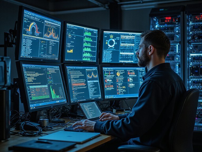A realistic image showing advanced computer monitoring dashboard with temperature gauges, performance metrics, and cooling system controls displayed on multiple screens. A technician uses diagnostic tools to check server hardware while fans and heat sinks maintain optimal temperatures. Clean, organized workspace with cable management and maintenance equipment visible throughout the scene.