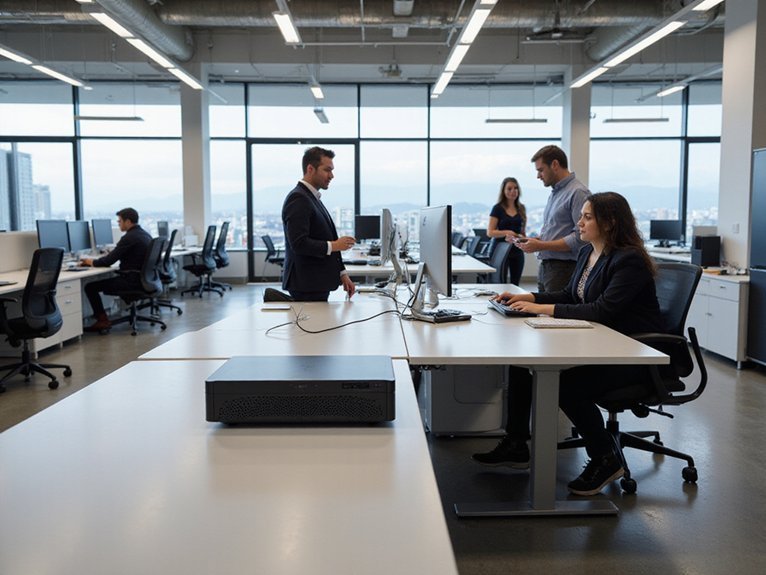A realistic image of a modern office workspace showing the power of mini pcs as it seamlessly integrates into a clean desk setup with dual monitors, ergonomic furniture, and contemporary lighting. Professionals collaborate in an open-plan environment while students work at tech-enabled learning stations with compact computing solutions enhancing productivity and accessibility. 